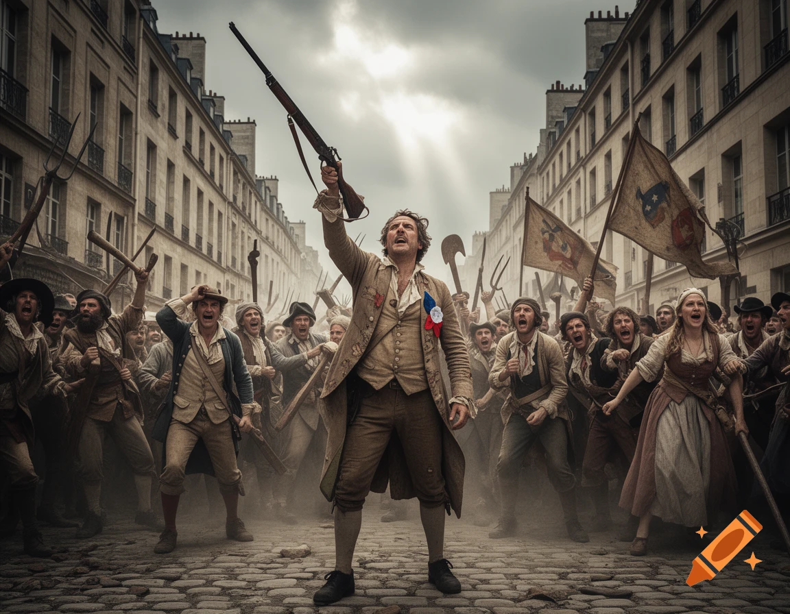 A large crowd of angry revolutionaries, dressed in 18th-century clothing, shout and brandish weapons like a musket and pitchforks on a cobbled street, flanked by tall buildings, under a dramatic sky.