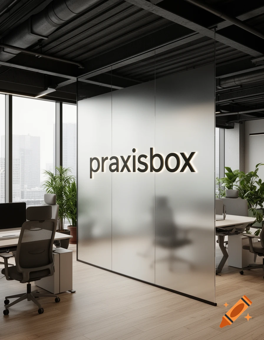 A modern office interior with a frosted glass partition featuring the word 'praxisbox' in illuminated letters, wooden floors, and potted plants.