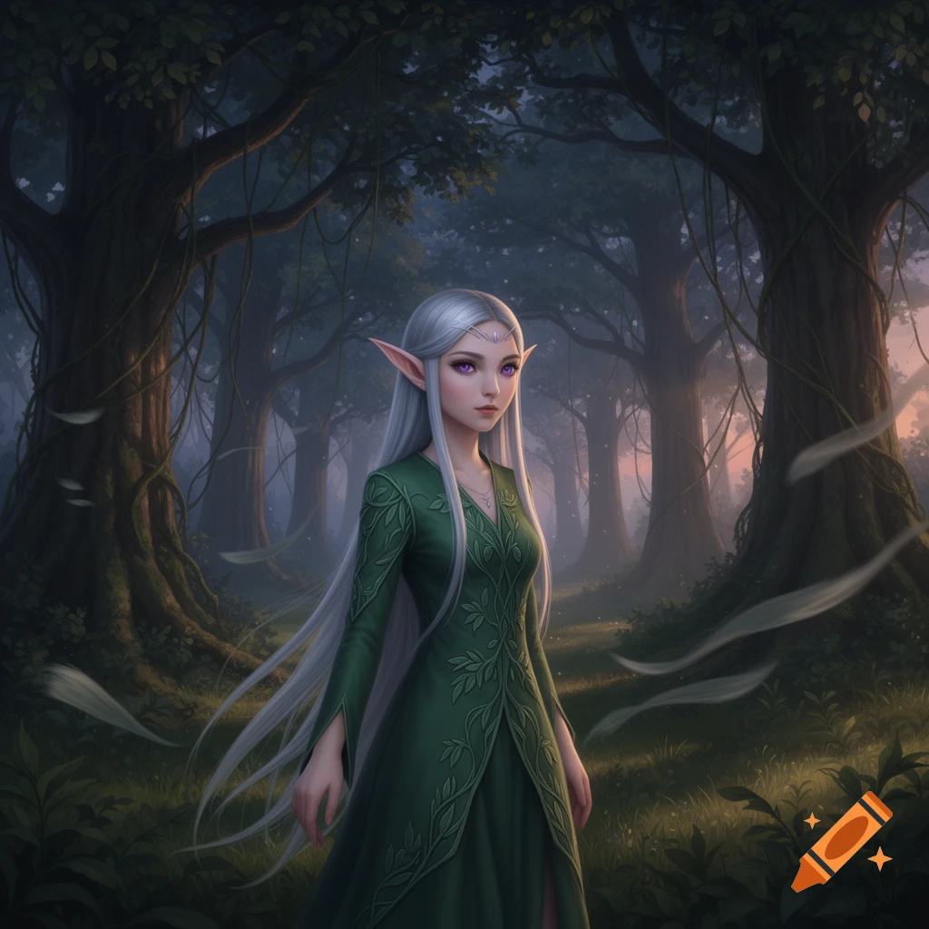 A digital fantasy art portrait of an elf girl with long silver hair and purple eyes, wearing a green dress, standing in a magical forest at dusk.