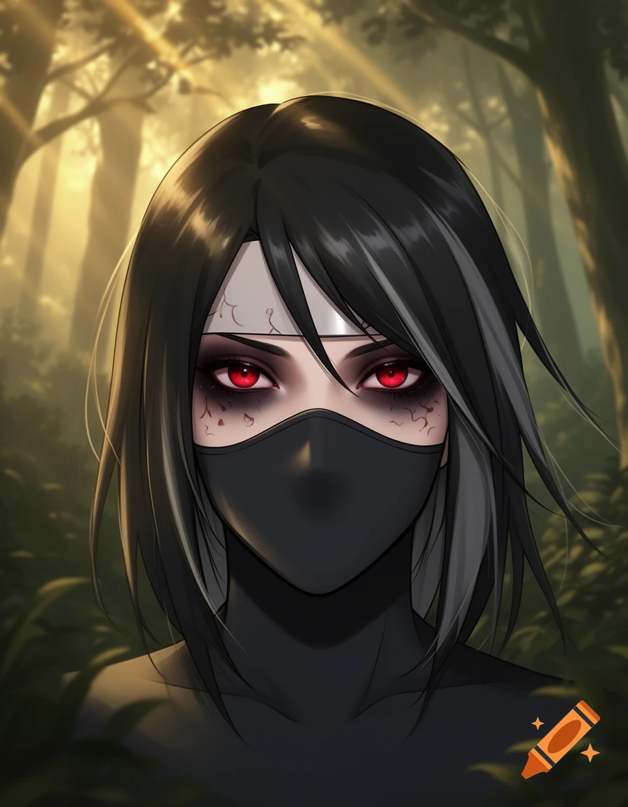 Close-up anime portrait of a ninja with black hair and grey highlights, red eyes, and a black mask, in a sunlit forest.