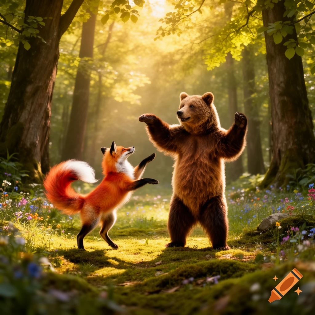 A photorealistic image of a fox and a bear dancing in a sunlit forest with wildflowers.