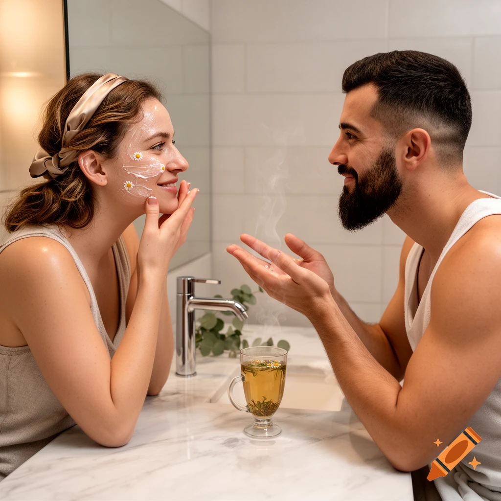 A smiling couple in a bathroom, the woman with daisy-patterned face cream, the man gesturing over a steaming mug of tea.