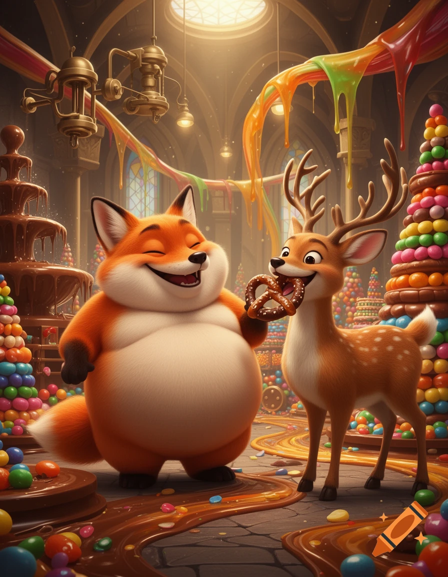 A portly cartoon fox and a deer with a pretzel stand in a vibrant chocolate factory filled with candy and flowing chocolate.