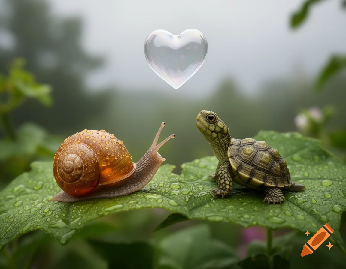 A photorealistic snail and a turtle on a wet green leaf, looking at each other under a floating heart bubble.
