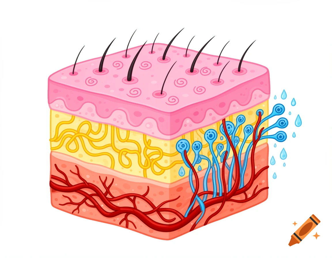 Cartoon diagram illustrating skin layers with hair, nerves, blood vessels, and sweat glands in a block cross-section.