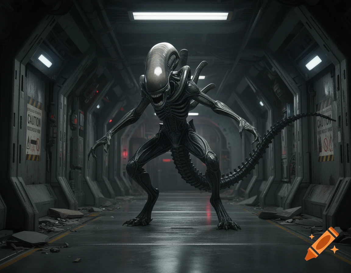 A photorealistic Xenomorph stands menacingly in a dark, grimy spaceship corridor with warning signs.