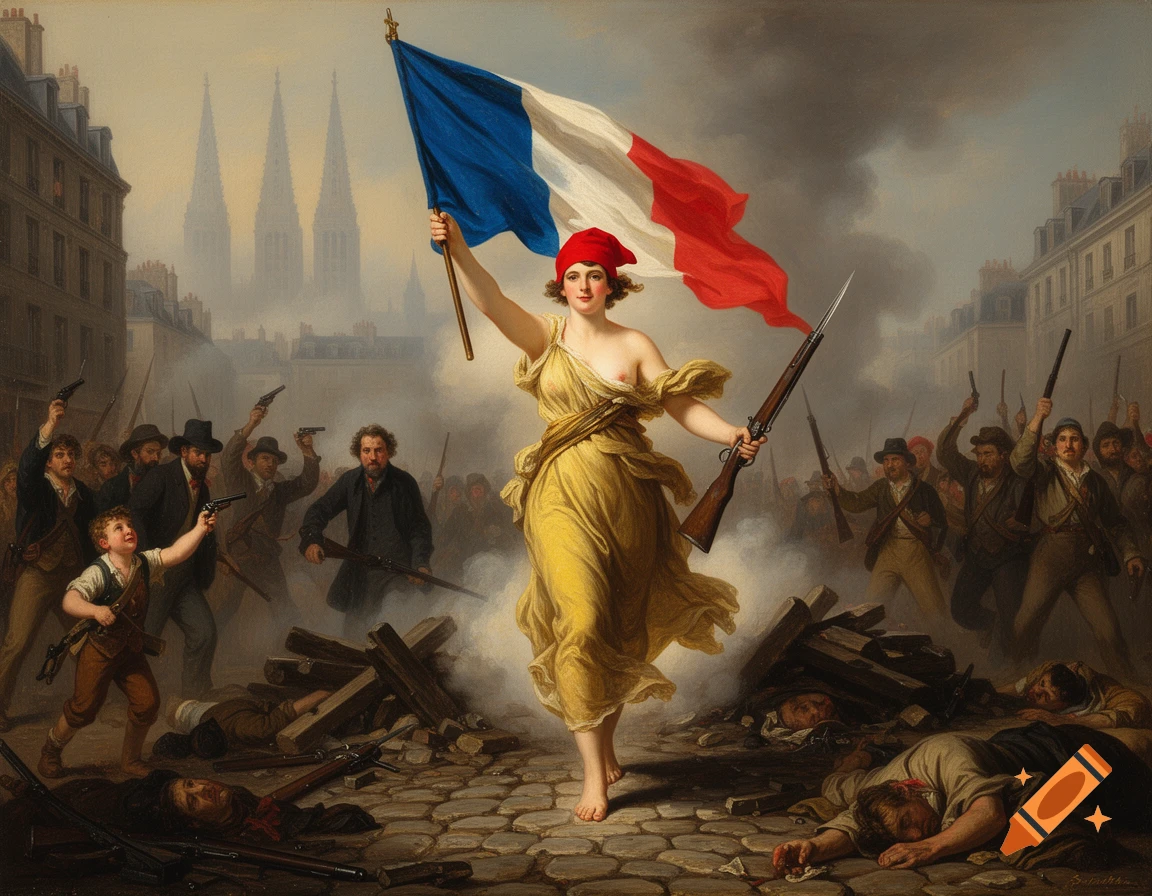 A dramatic romantic painting of a woman in a yellow dress and red cap holding a French flag and rifle, leading revolutionaries over a barricade with dead bodies in a smoky Parisian street.