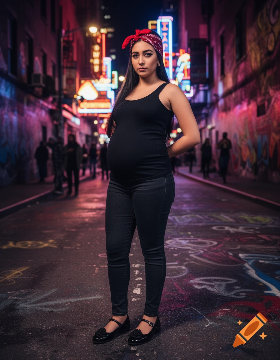 A pregnant woman in a black tank top and jeans with a red bandana stands in a neon-lit urban alley at night.