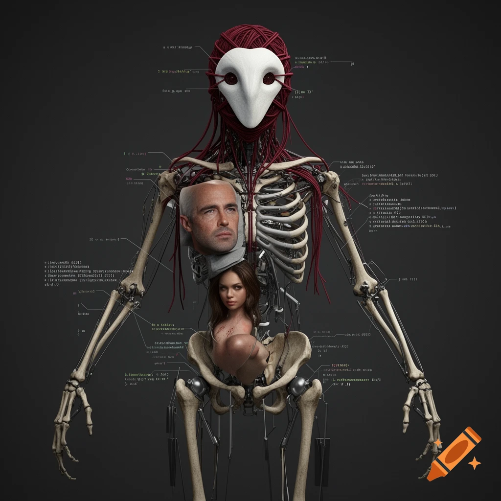 A surreal biomechanical figure with a white bird-like mask, red strings resembling nerves, and a skeletal frame. The torso contains a man's head and a woman's torso, surrounded by floating, garbled code.