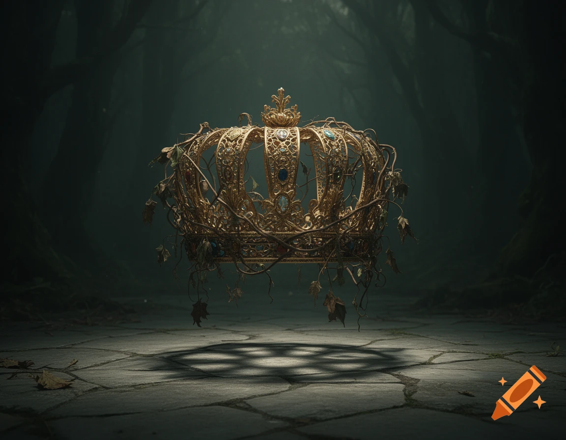 An ornate golden crown, entwined with decaying vines, floats above a stone path in a dark, misty forest.