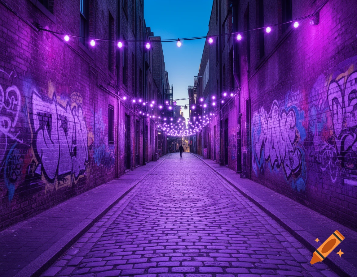 A long, narrow cobblestone alleyway lit by many purple string lights, with graffiti-covered brick walls and a distant person.