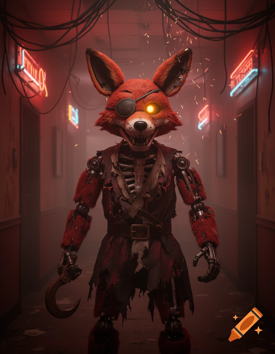 An animatronic fox with red fur, exposed skeleton, an eyepatch, and a hook hand stands in a dimly lit, eerie restaurant hallway.