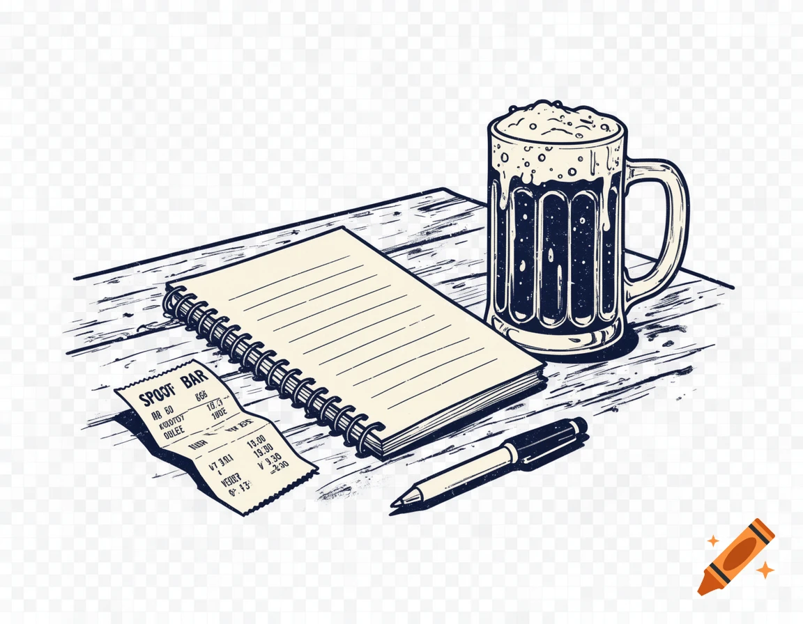 A hand-drawn illustration in vintage screenprint style depicts a spiral notebook, a bar receipt, a pen, and a frosty beer mug on a wooden table.