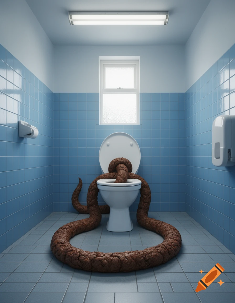 A long, coiled brown fecal mass emerges from a toilet and spreads across the blue-tiled bathroom floor.