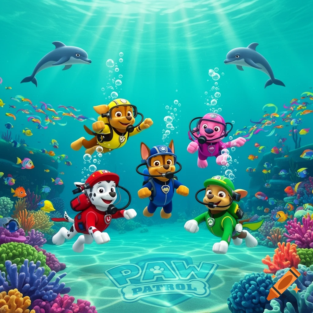 Animated Paw Patrol characters scuba diving with dolphins and fish in a vibrant coral reef.