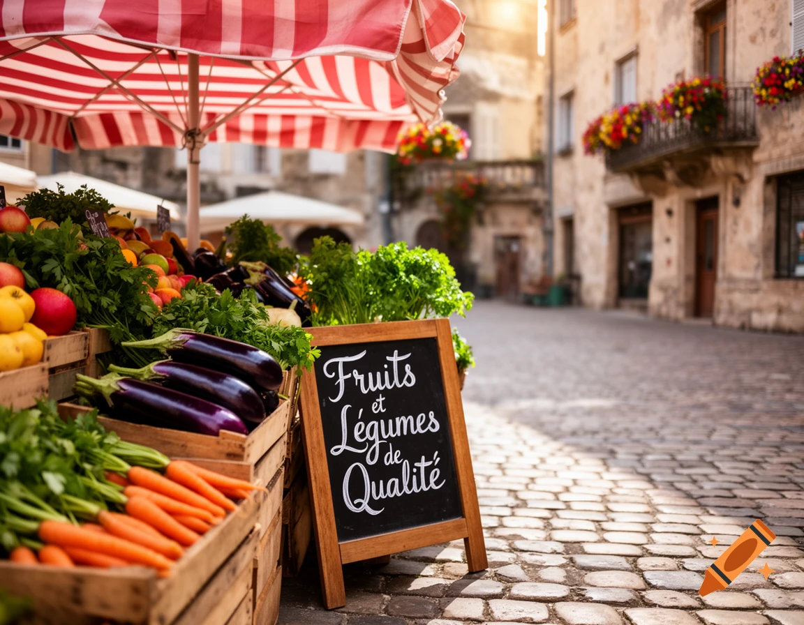 A vibrant market stall overflowing with fresh fruits and vegetables, including eggplants and carrots, under a red and white striped awning in a sunlit European town square.