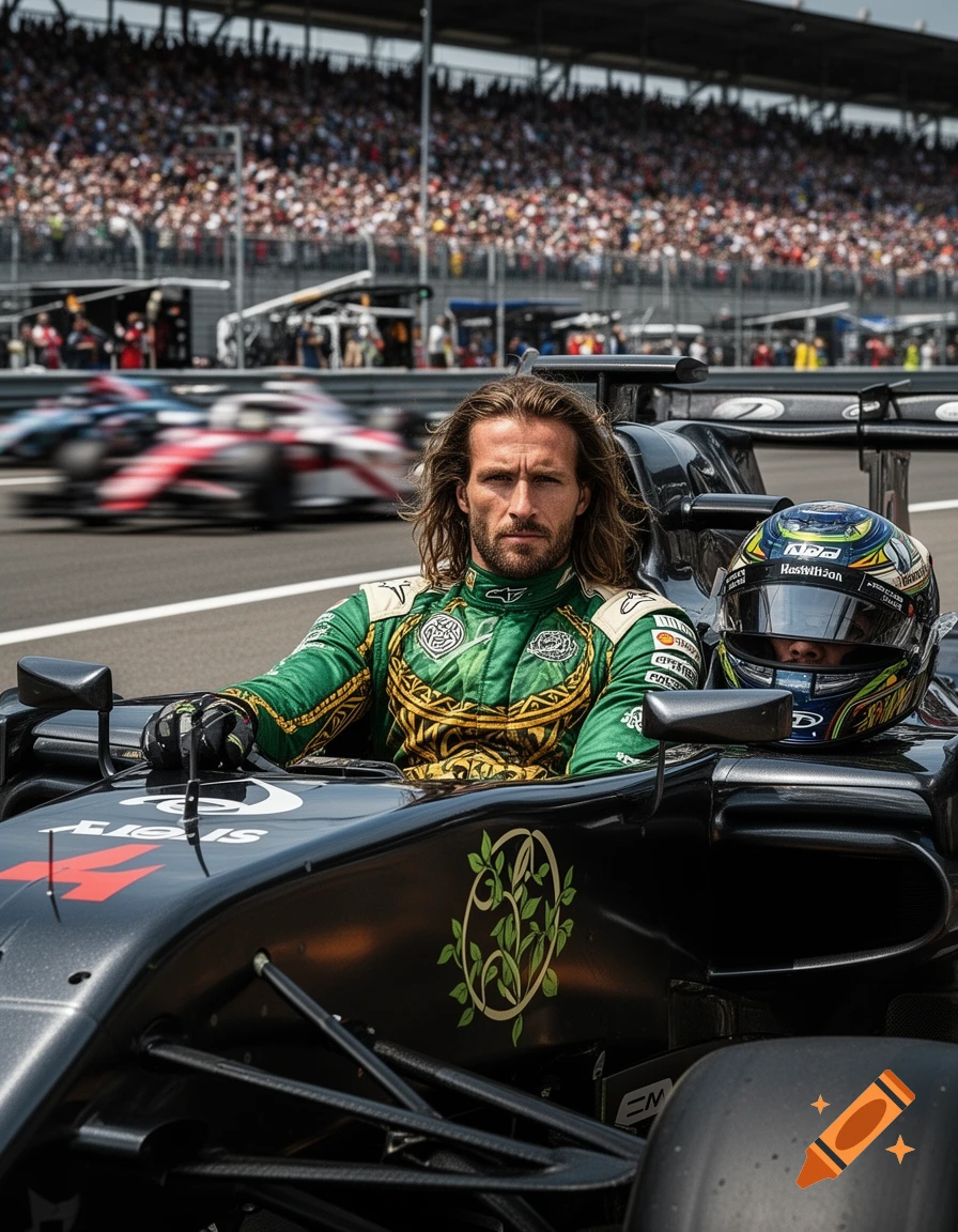 A man with long hair and a beard, wearing a green and gold race suit, sits in a black formula race car on a track. Other blurred race cars speed past in the background while spectators fill the grandstands.