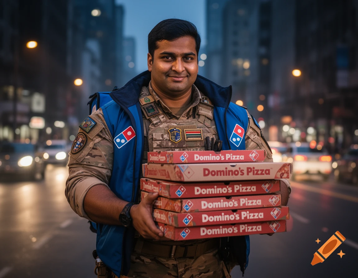 A man in a camouflage uniform and blue vest holds a stack of Domino's pizza boxes on a city street at night.