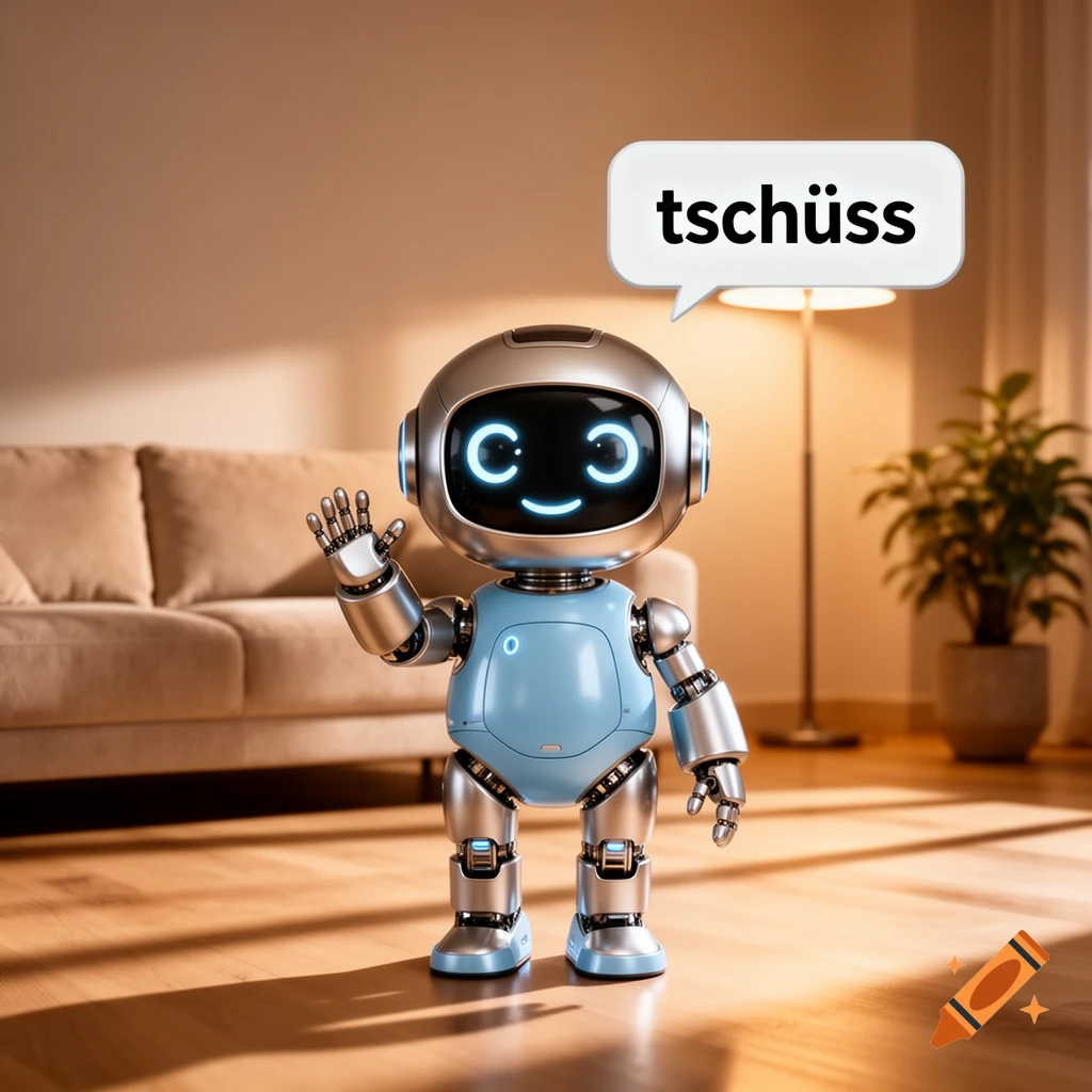 A cute, shiny blue and silver robot with glowing eyes waves goodbye, saying 'tschüss' in a speech bubble, standing in a living room.