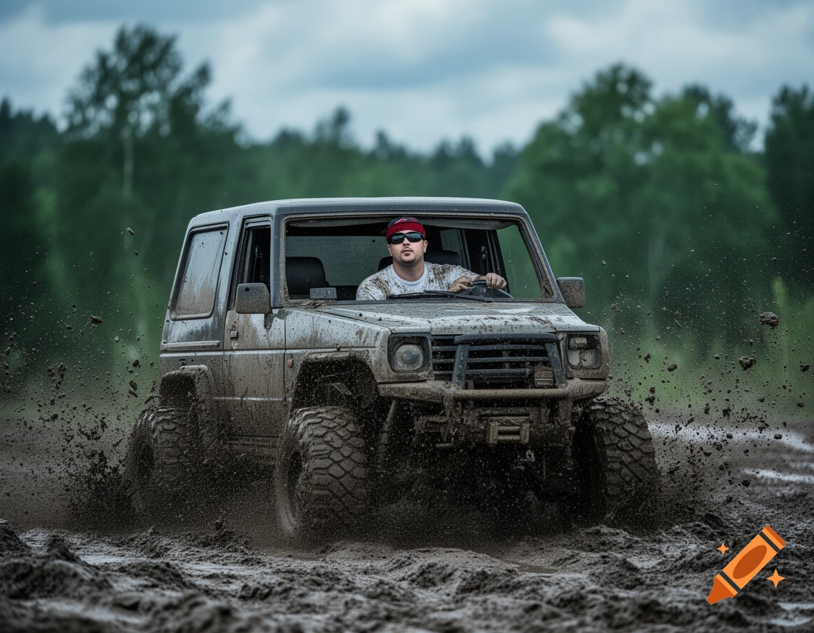 A man drives a dirty, rugged off-road vehicle through thick mud, with mud splattering, against a backdrop of green trees.