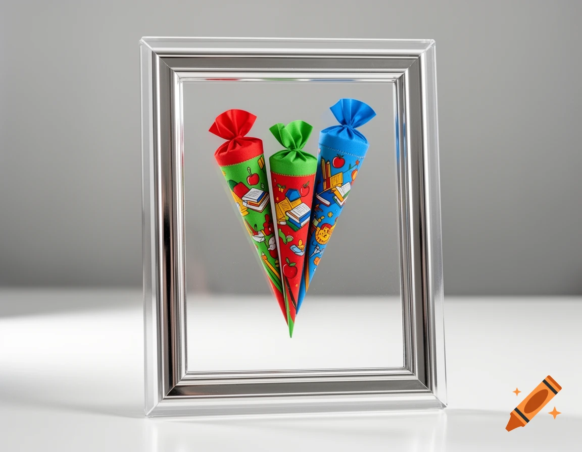 Three colorful school cones decorated with apples, books, and pencils are displayed inside a silver picture frame on a white surface.