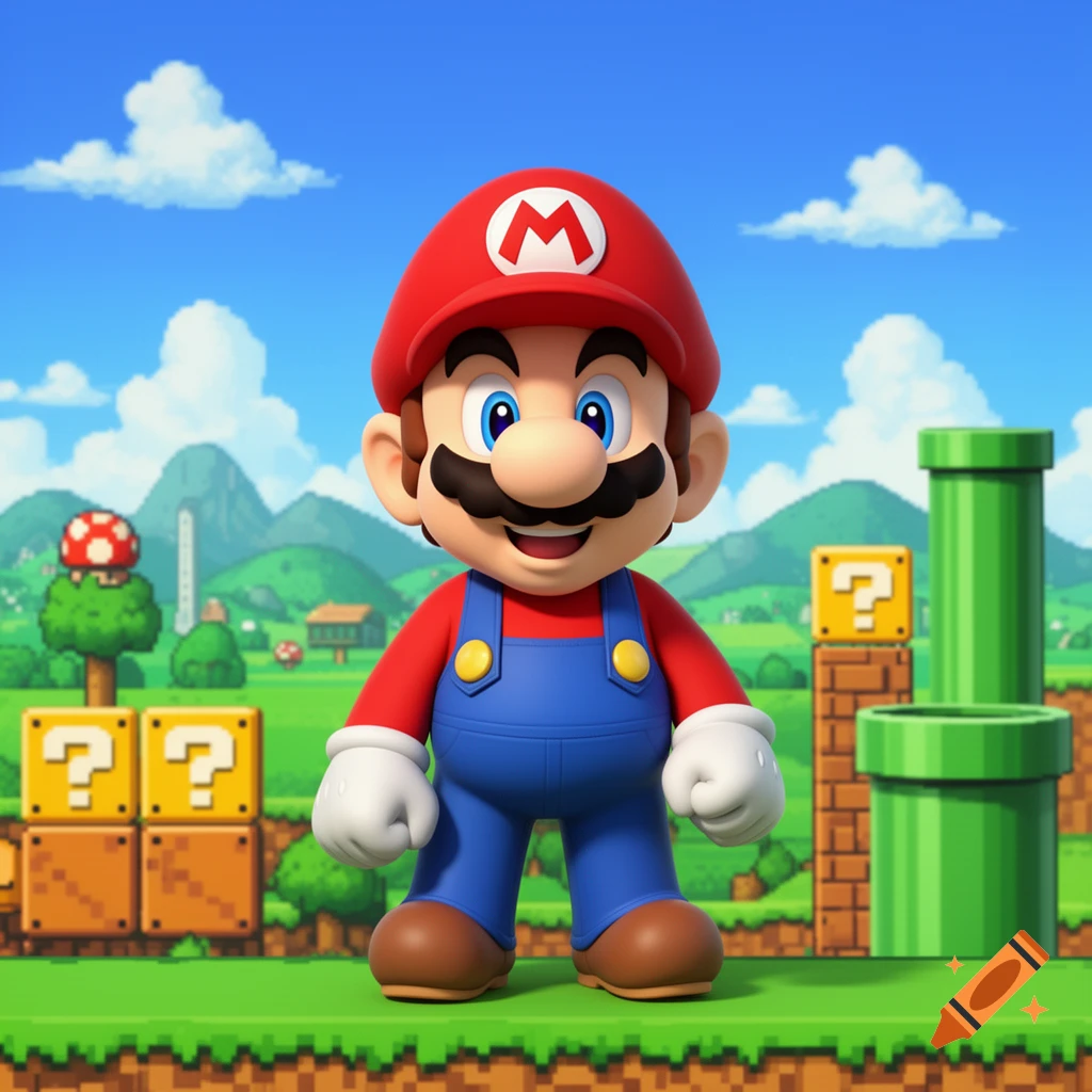 3D render of Mario standing in a colorful Super Mario Bros. level with question blocks, a warp pipe, and green hills.