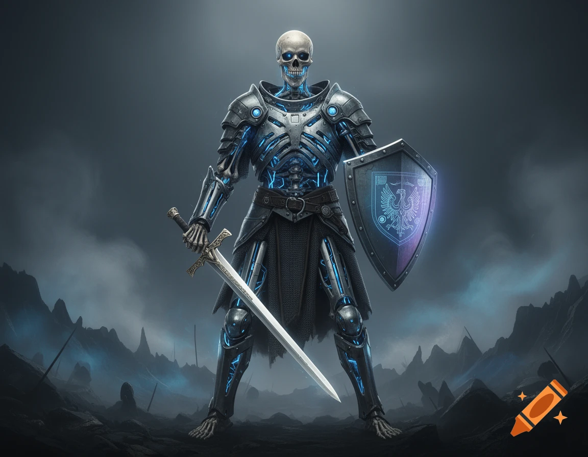 A skeleton warrior in glowing blue futuristic armor holds a sword and a shield with an eagle crest, standing in a dark, rocky landscape.