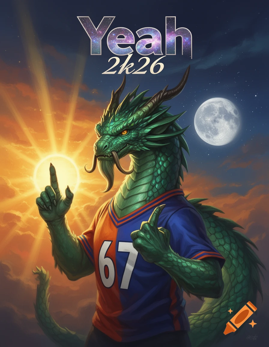 A green dragon in a blue and orange sports jersey with "67", pointing at a bright sun, with a full moon and "Yeah 2k26" text.