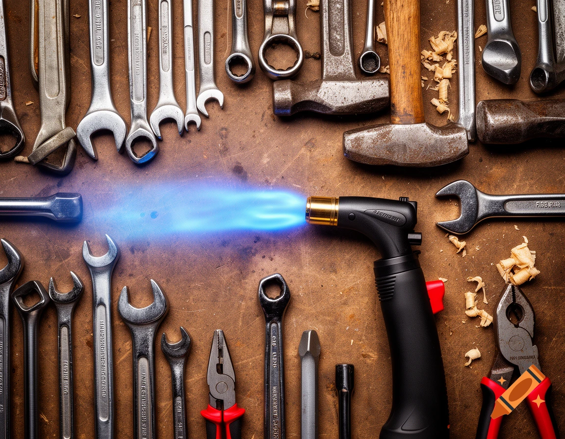 Photorealistic overhead view of various metal hand tools, including wrenches, hammers, and pliers, with a lit torch on a wooden surface.