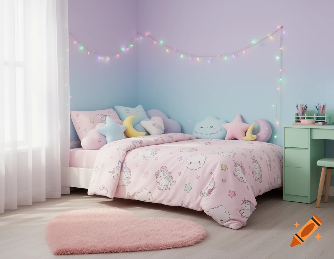 A pastel pink and blue child's bedroom with unicorn bedding, star and moon pillows, string lights, and a green desk.