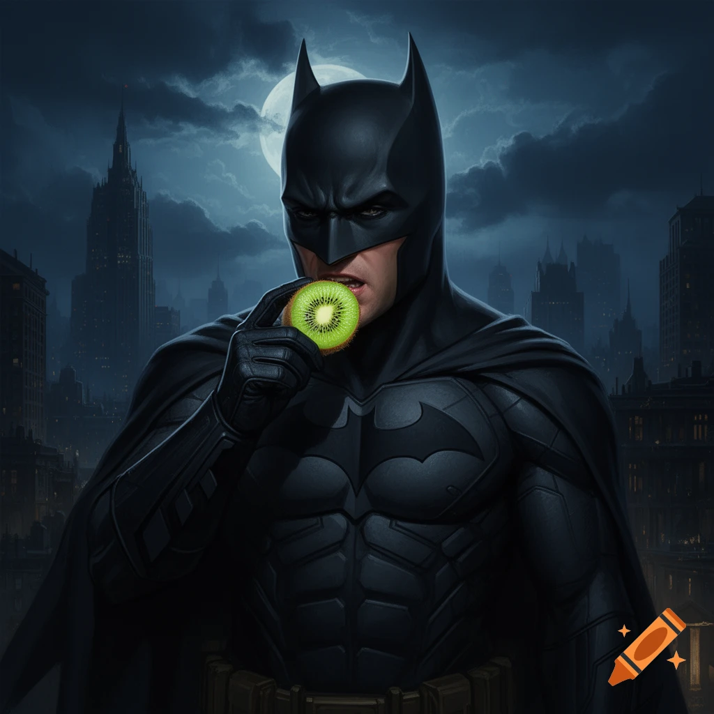 Batman in a dark cityscape under a full moon, biting into a bright green kiwi.
