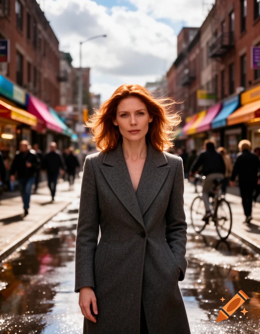 A photorealistic image of a woman with red hair in a grey coat standing on a wet city street, looking at the viewer.