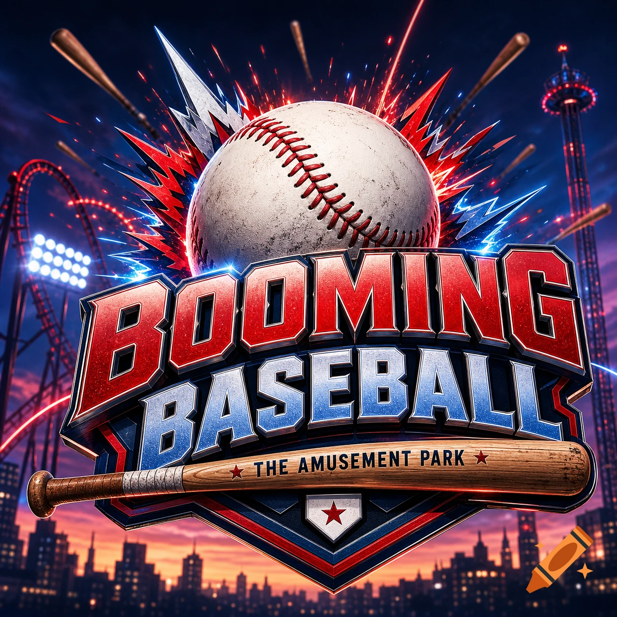 A vibrant logo for 'Booming Baseball: The Amusement Park' featuring a baseball, bat, and stylized text against a night sky with city and roller coaster lights.