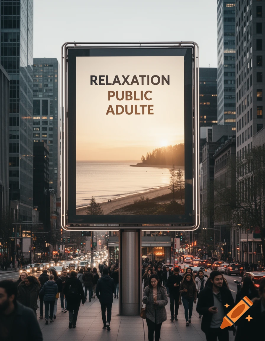 Photorealistic image of a large billboard displaying a beach scene and text 'RELAXATION PUBLIC ADULTE' on a busy city street with pedestrians.