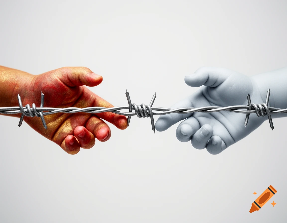 Two photorealistic children's hands, one warm-toned and one cool-toned, separated by barbed wire against a plain background.