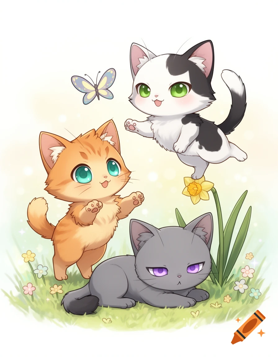 Three cute chibi kittens, orange, black and white, and gray, playing in a grassy field with flowers and a butterfly in an anime style.