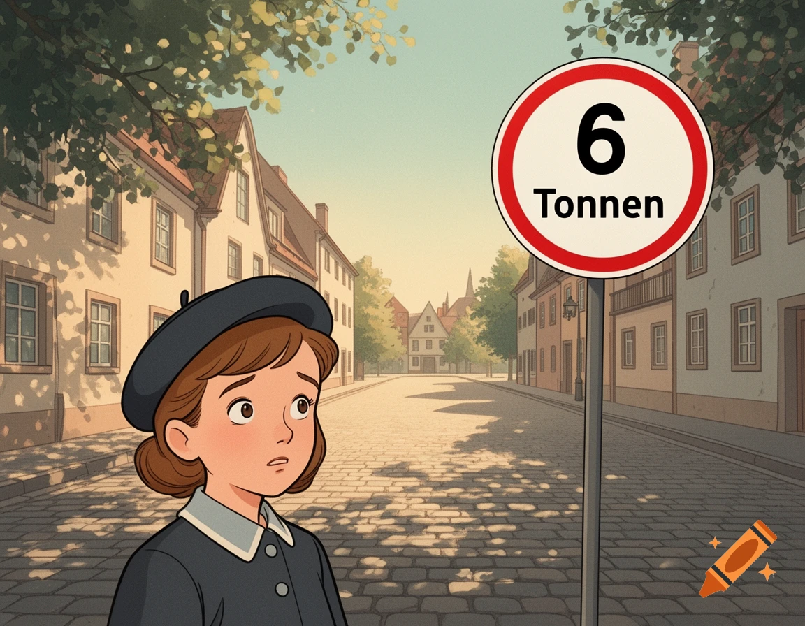 A cartoon girl with a worried expression stands on a cobblestone street, looking at a '6 Tonnen' (6 tons) weight limit sign in a European-style town.