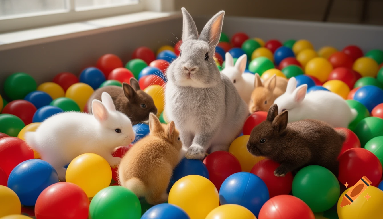A large grey bunny stands in a bright, colorful ball pit surrounded by smaller white, brown, and tan bunnies.