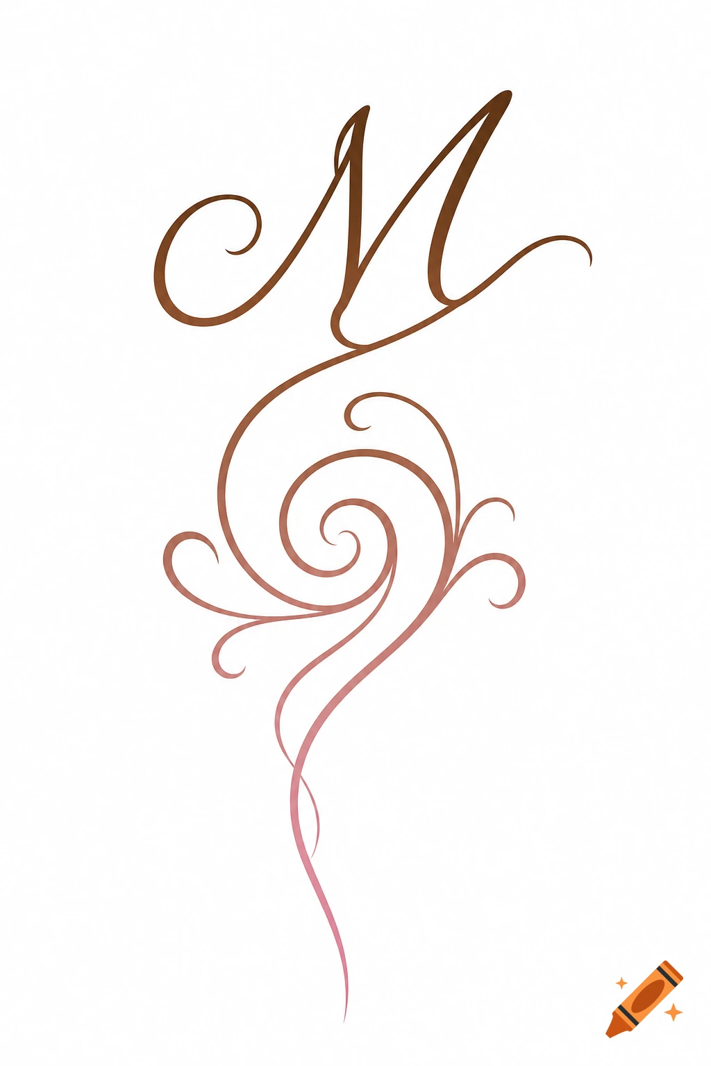 A minimalist vector logo of a cursive letter M in a brown and rose gradient, with an elegant spiral flourish, on a white background.
