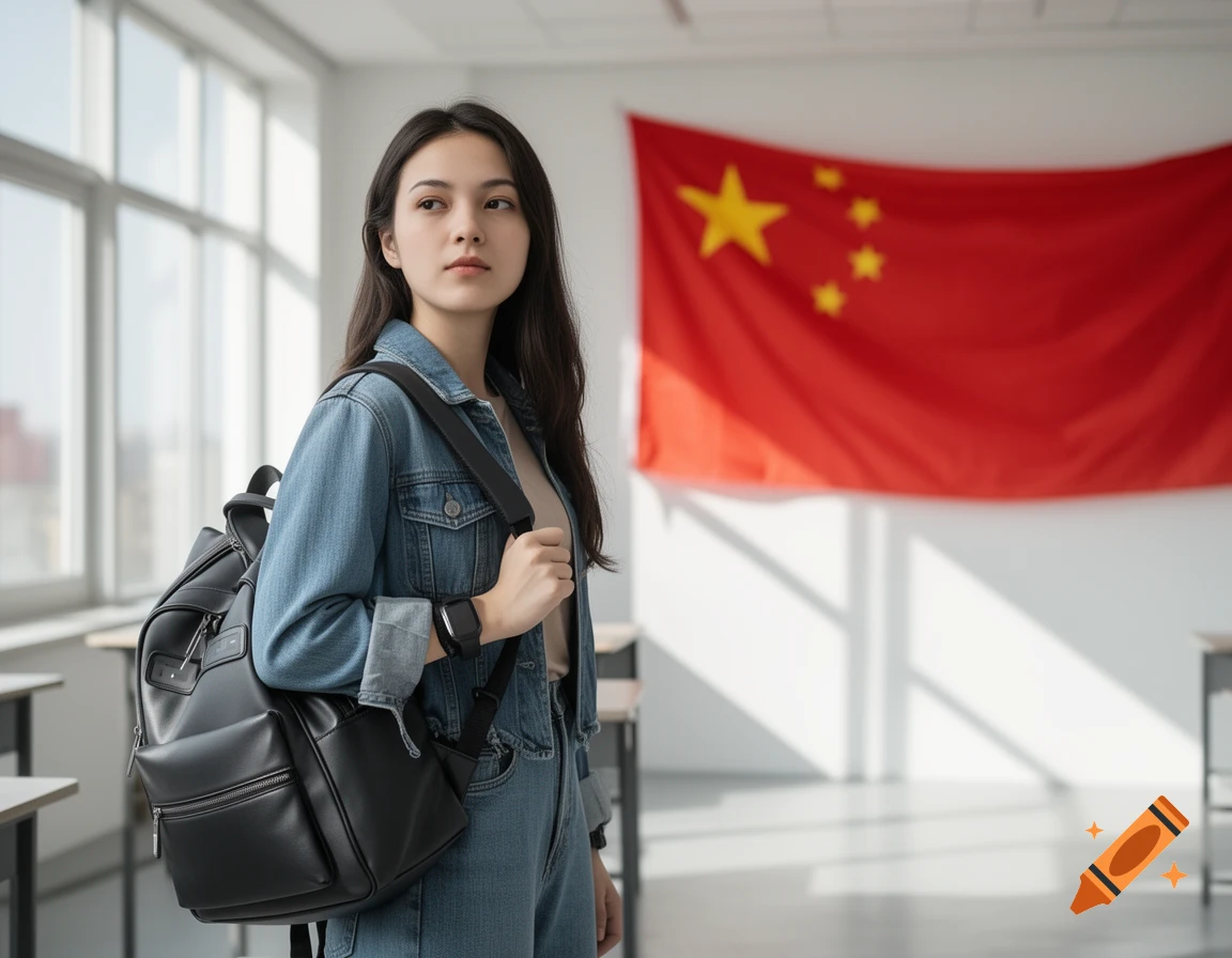 A young female student wearing a denim jacket and black backpack stands in a classroom with a Chinese flag in the background.