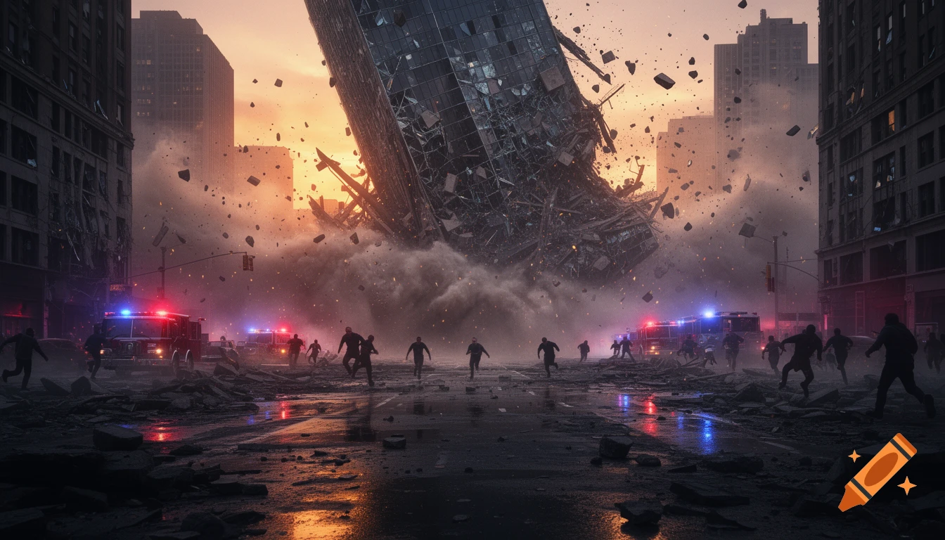 Photorealistic image of a skyscraper collapsing in a chaotic city, dust and debris flying, people running, emergency vehicles, sunset.