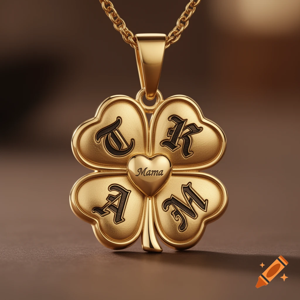 Close-up of a golden four-leaf clover necklace pendant with the letters T, K, A, M and 'Mama' in a central heart.
