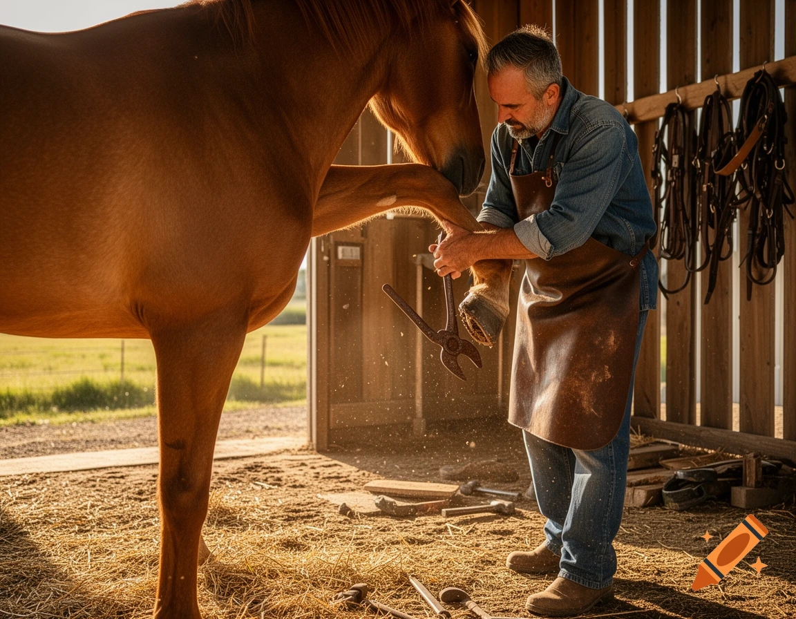 A farrier in an apron trims a horse's hoof inside a sunlit stable, holding up the hoof and using tools.