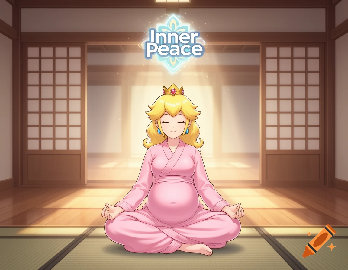 Pregnant Princess Peach in a pink gi meditates cross-legged in a zen dojo, with an 'Inner Peace' logo floating above her in 2D animation.