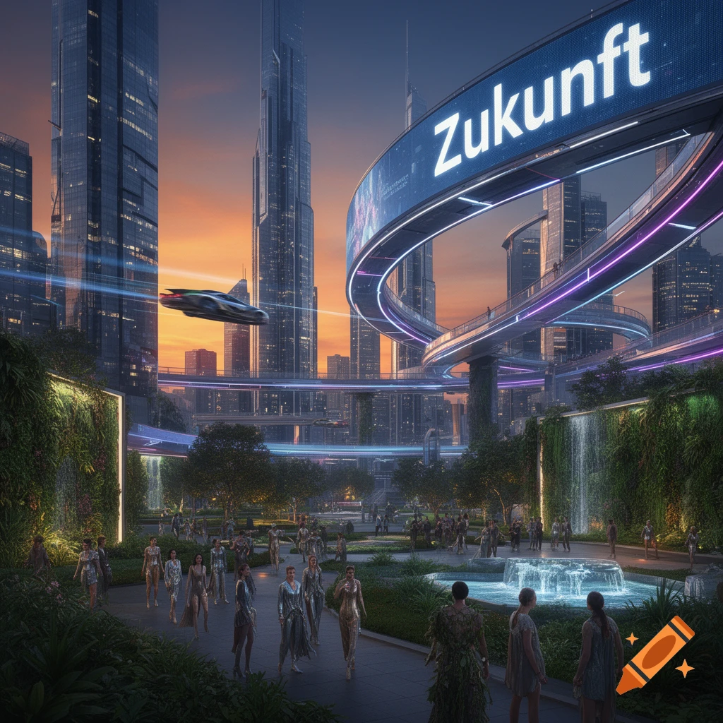 A vibrant futuristic city with towering skyscrapers, lush green spaces, elevated illuminated pathways, and a flying vehicle. People stroll below a large curved digital billboard displaying the word "Zukunft".