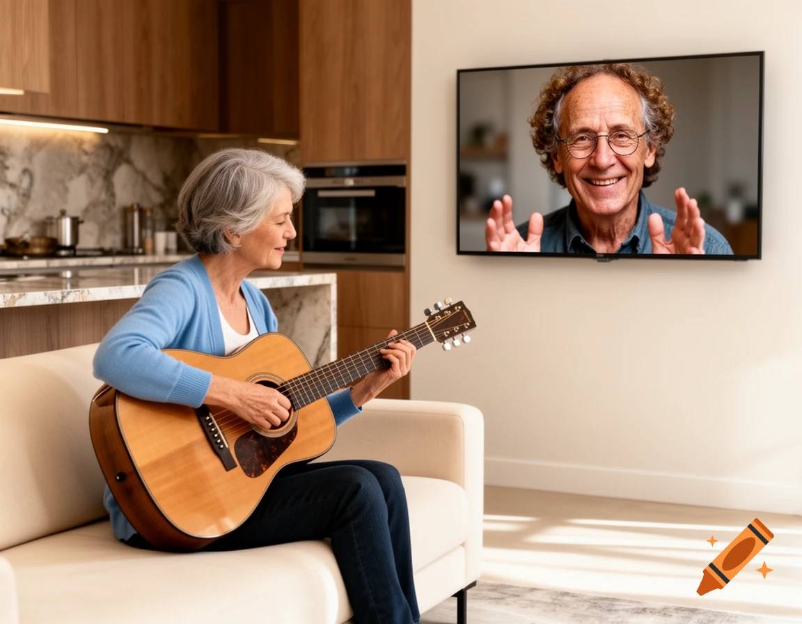 A grey-haired woman plays an acoustic guitar on a sofa while a smiling older man appears on a TV screen in a modern home.
