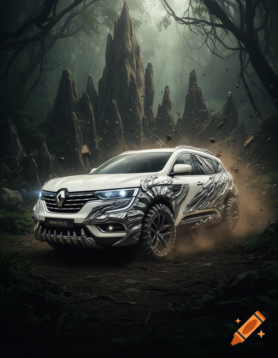 White custom Renault SUV with metallic, beast-like armor driving through a misty, rocky primordial forest, kicking up dust.