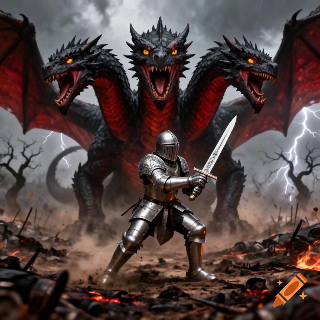 A knight in shining armor stands ready to fight a monstrous three-headed dragon in a stormy, battle-scarred landscape with lightning.