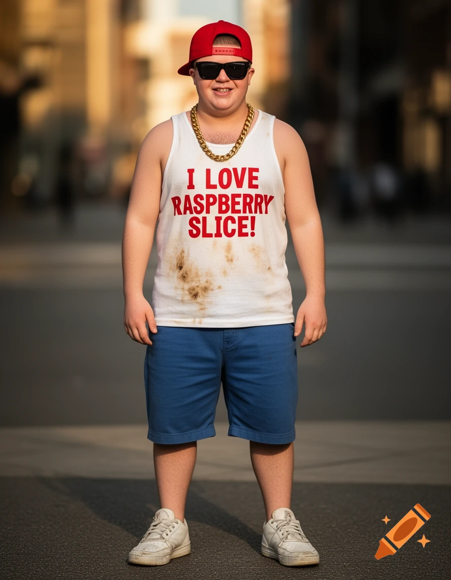 A man with a red cap, sunglasses, and a gold chain wears a stained white tank top that says 'I LOVE RASPBERRY SLICE!' on a street.