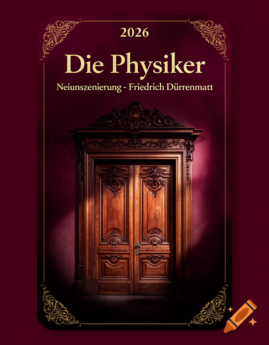 Ornate wooden door on a red theater poster with '2026 Die Physiker Neuinszenierung - Friedrich Dürrenmatt' text and golden borders.